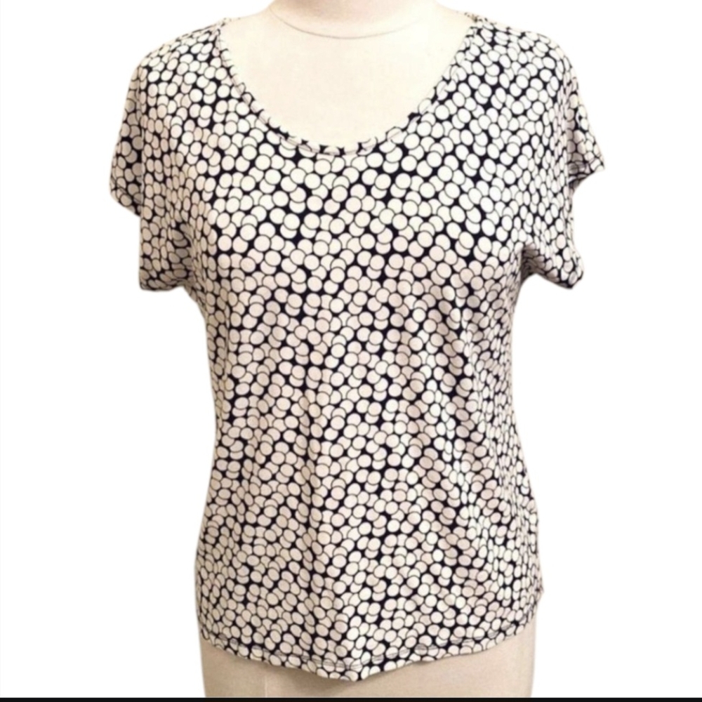 TALBOTS Black & White Circles Short Sleeve Scoop Neck Top SZ Large